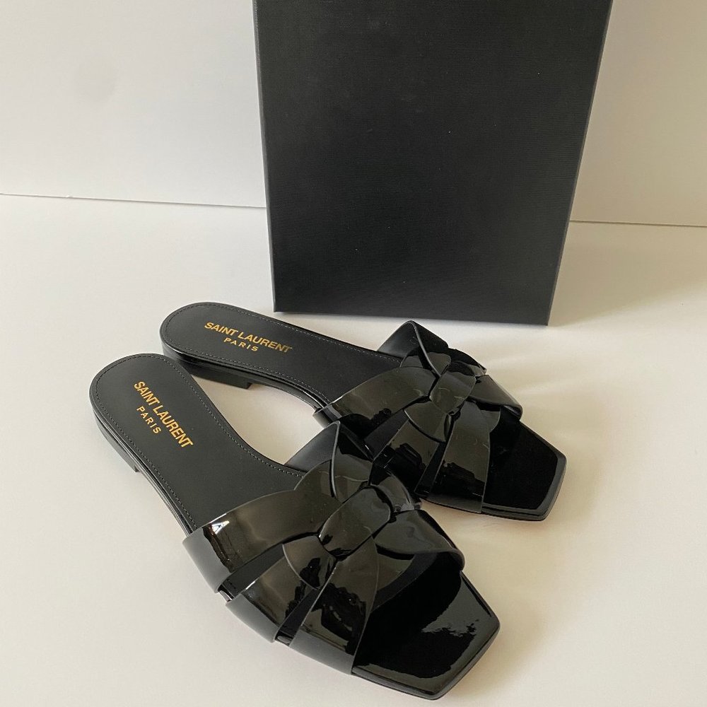 SAINT LAURENT Tribute Patent Calfskin Nu Slide Sandals 36.5